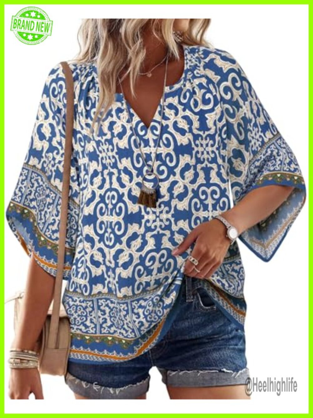 Women's Boho Peasant Blouse 3/4 Bell Sleeve V-Neck Flowy Tunic Top